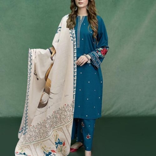 3 Pcs Women's Unstitched Embroidered Suit (Blue)