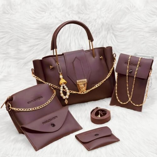 5 Pcs Women's PU Leather Plain Hand Bag Set