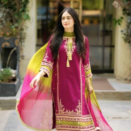 3 Pcs Women's Unstitched Embroidered Suit (Magenta)
