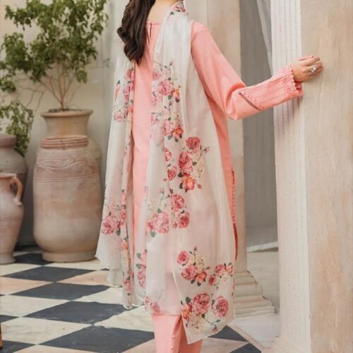 3 Pcs Women's Unstitched Embroidered Suit (Pink)